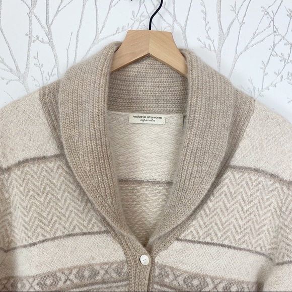 VALERIE STEVENS Angora Rabbit Hair Wool Blend Cowl Neck Stripe Cardigan Neutrals - Picture 3 of 14